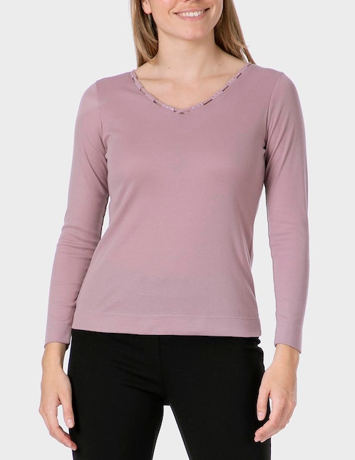 PUNT ROMA Playera manga larga Punt Roma cuello V para mujer