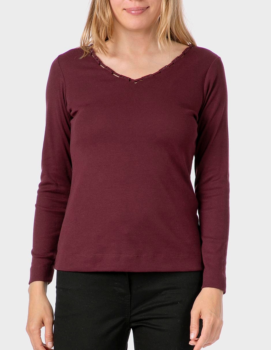 Playera manga larga cuello V para mujer