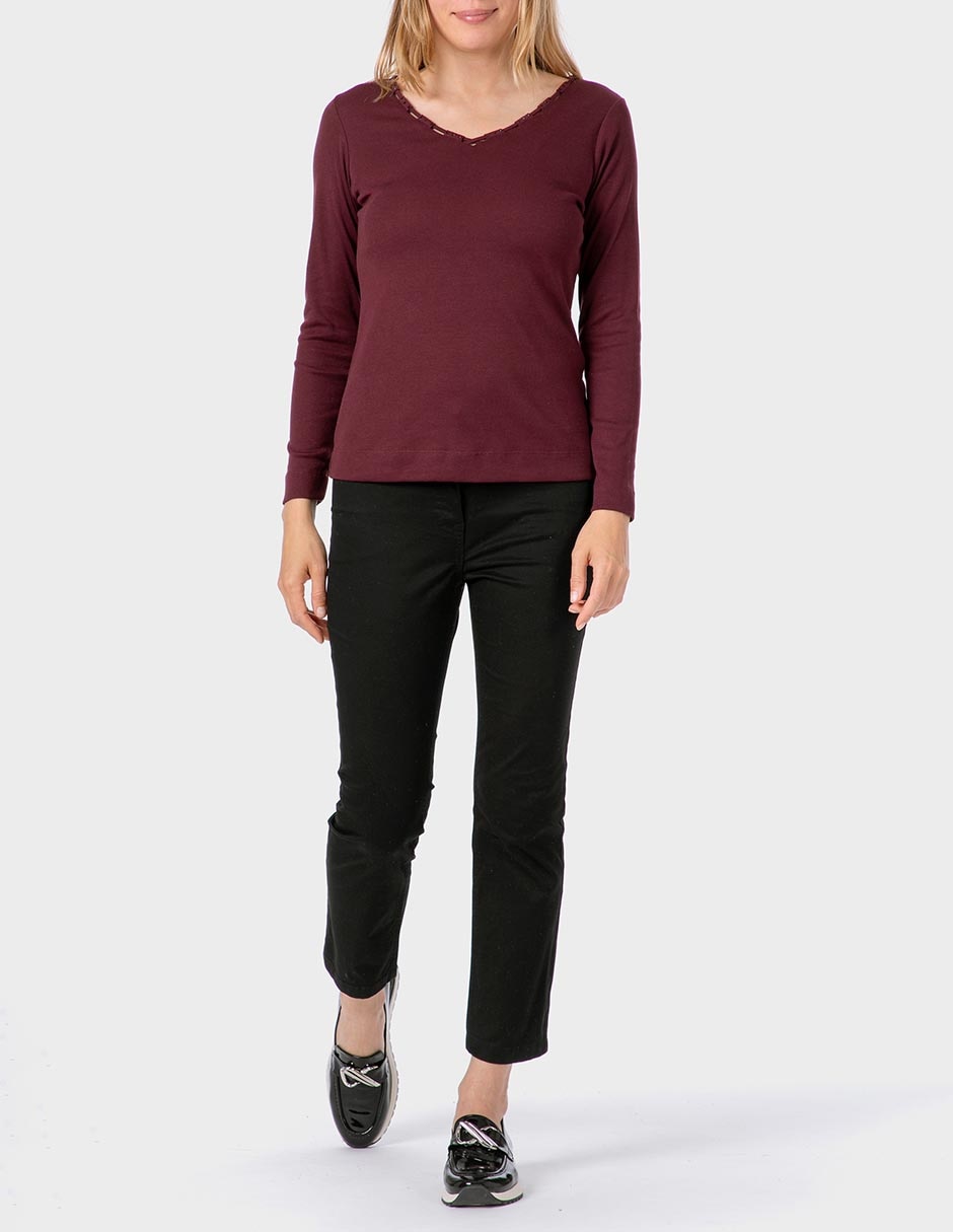 Playera manga larga cuello V para mujer 3