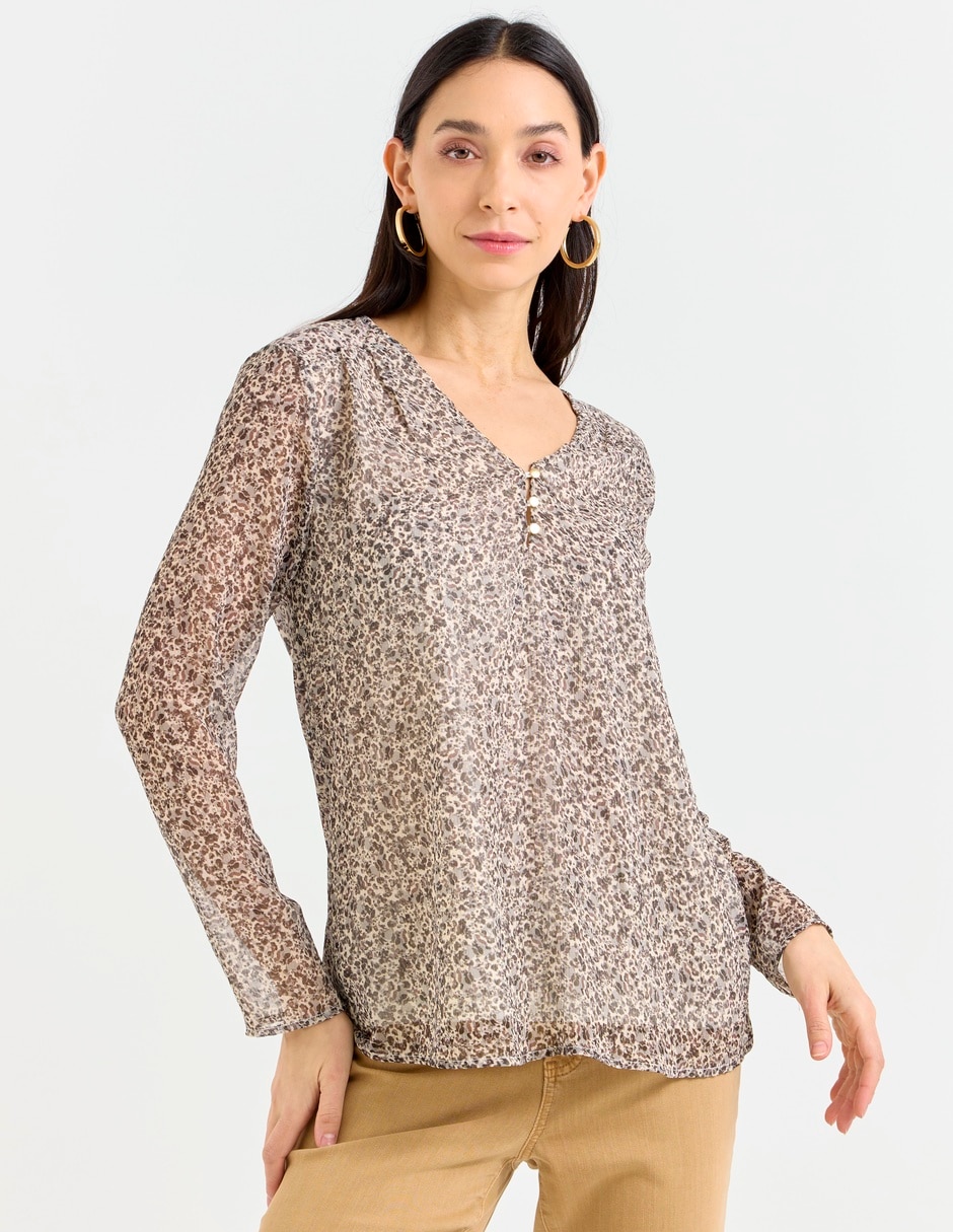 Playera manga larga cuello con escote para mujer