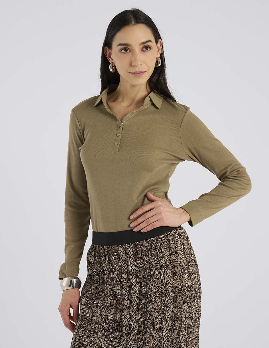 Playera manga larga cuello camisero para mujer Playera manga larga cuello camisero para mujer