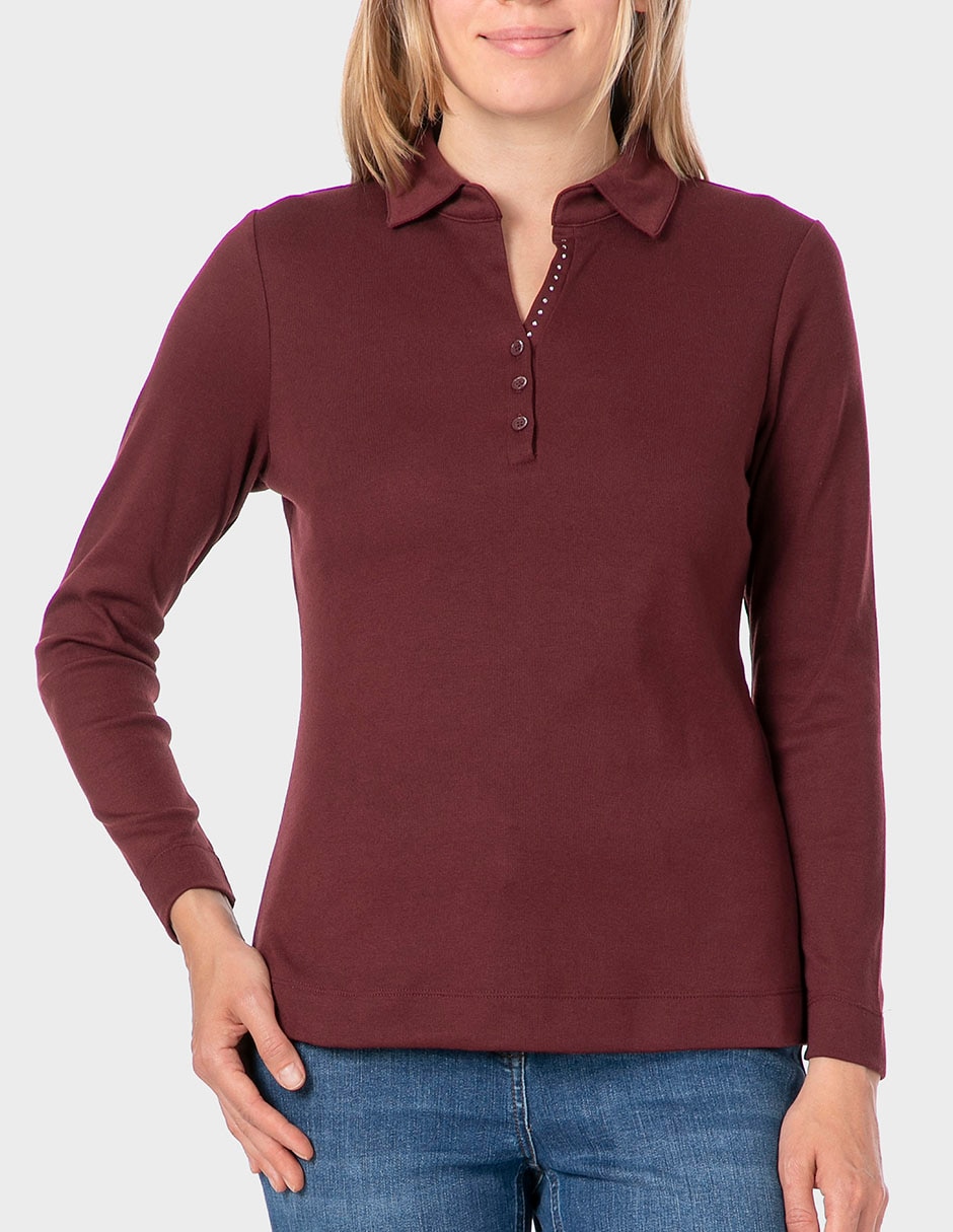 Playera manga larga cuello camisero para mujer