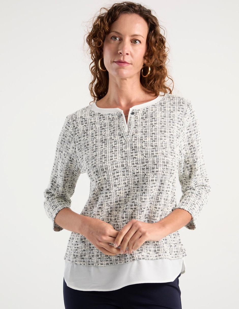 Playera manga 3/4 cuello henley para mujer