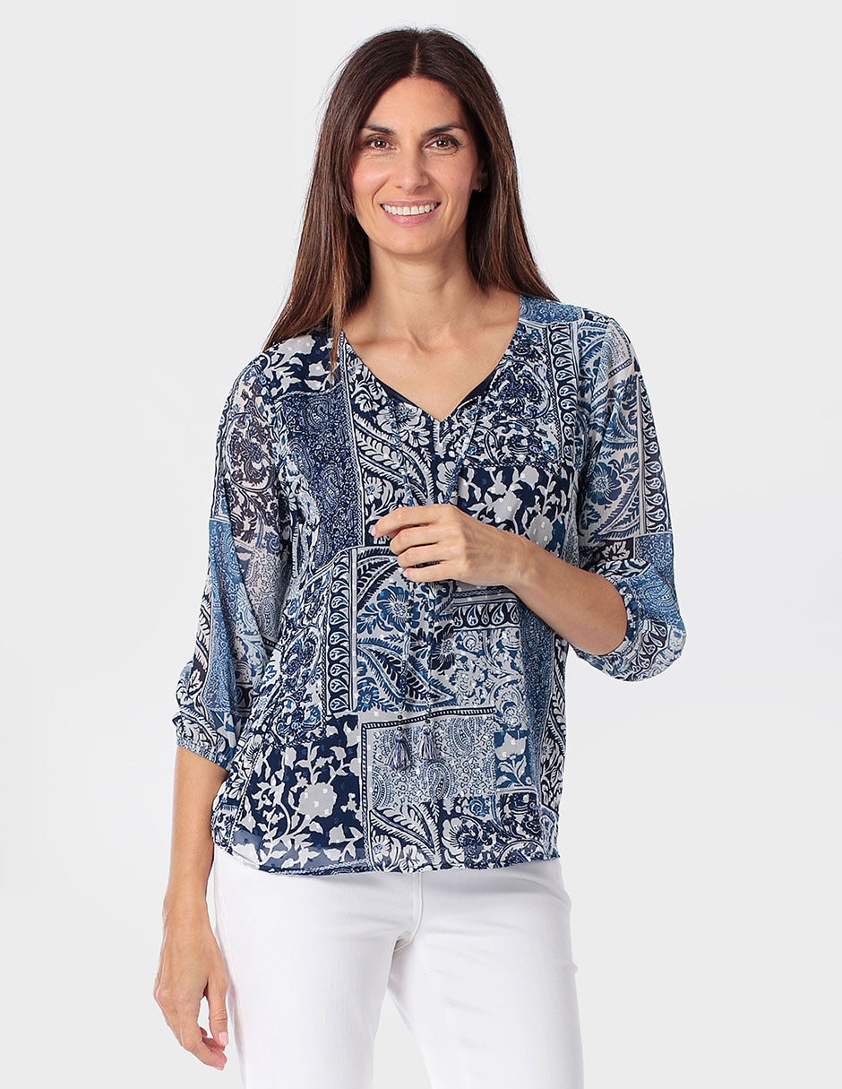Blusa manga 3/4 cuello V para mujer