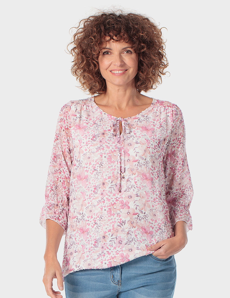 Blusa manga 3/4 cuello con amarre para mujer