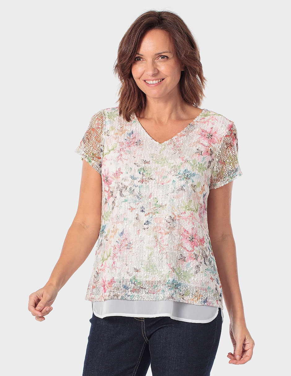 Blusa manga corta cuello V para mujer
