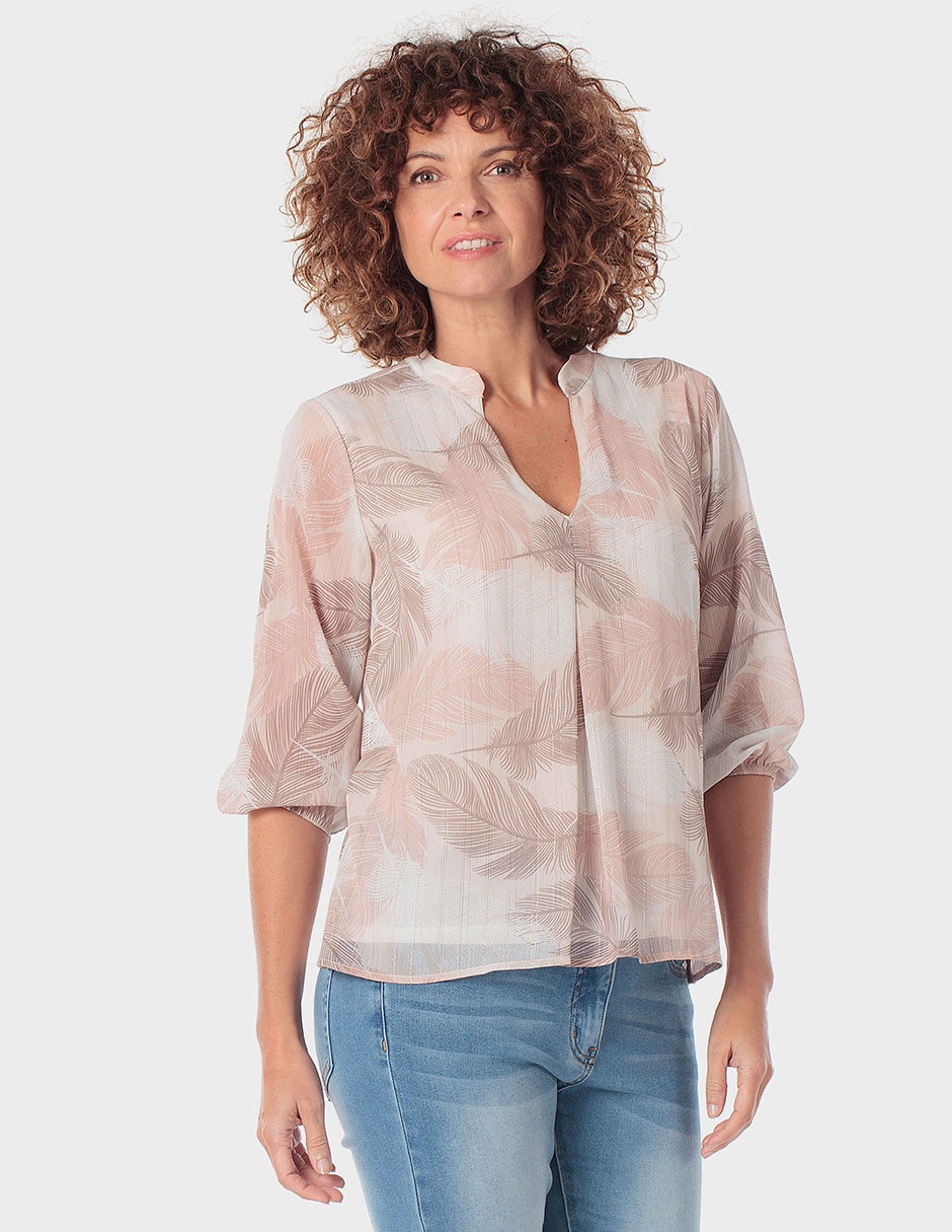 Playera manga al codo cuello V para mujer