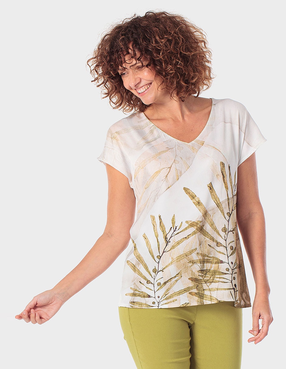 Blusa manga corta cuello V para mujer